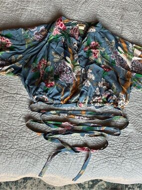 H&M Blue Floral Wrap Crop Top with Long Ties